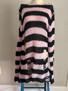 Killstar Pink and Black Distressed Striped Goth Emo Scene Sweater